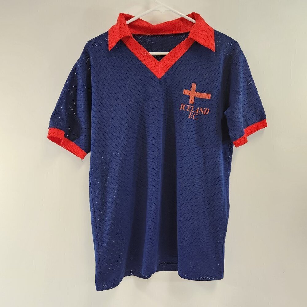 Iceland FC Football Club Mesh Collared Soccer Jersey Blue Red Vintage